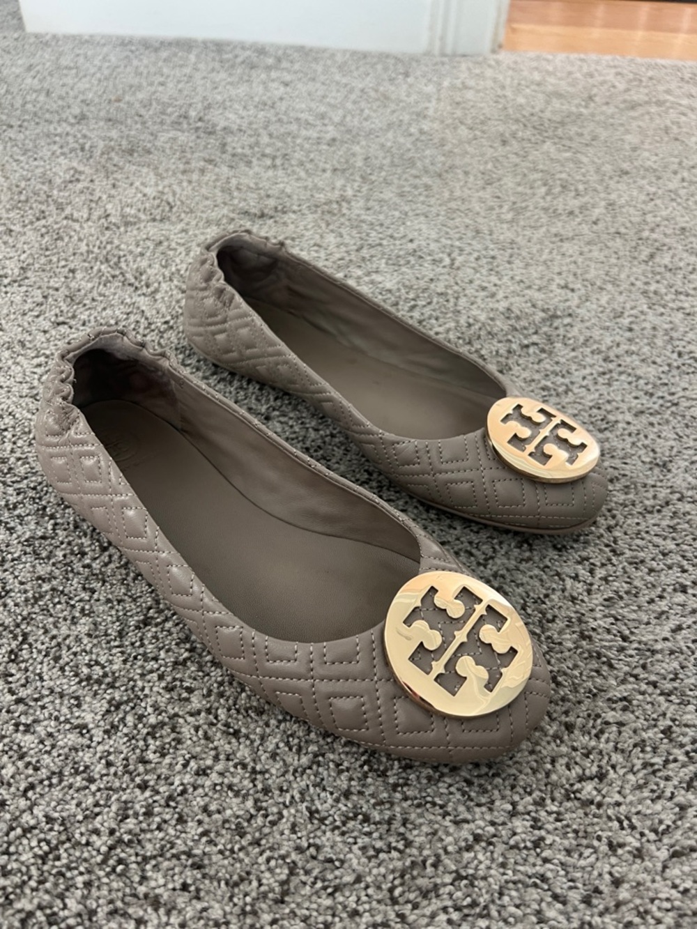 Tory Burch Quilted Taupe Ballet Flats with Gold Logo Medallion